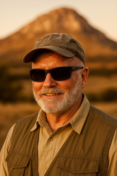 Steve Creek - Golden Hour in the Wichita Mountains Steve Creek wearing a khaki cap, sunglasses, and a field vest, smiling in golden light with a blurred Wichita Mountains peak in the background.