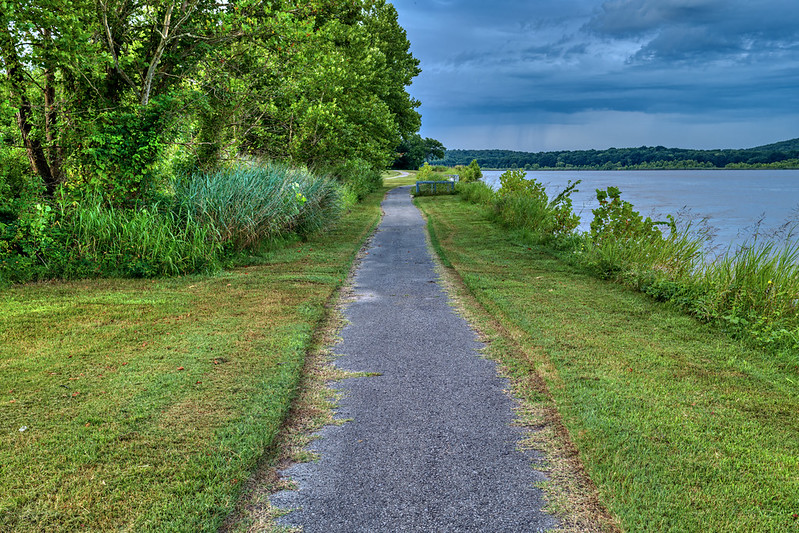 Sandtown Trail Along the Arkansas River Paved trail bordered by grass and trees with the Arkansas River on the right and cloudy sky above
