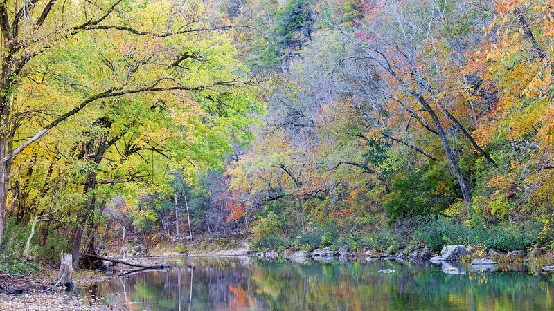 Buffalo River autumn reflections with mixed fall colors in Boxley Valley.