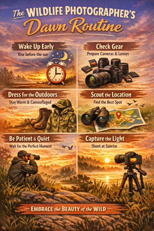 Infographic showing a wildlife photographer’s dawn routine, including early preparation, gear checks, scouting locations, patience, and photographing wildlife at sunrise