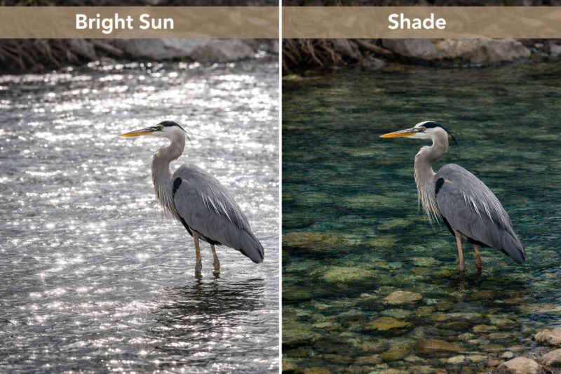 Side-by-side comparison of a Great Blue Heron standing in shallow water, shown in bright sun with strong glare on the left and in shade with clear water detail on the right.
